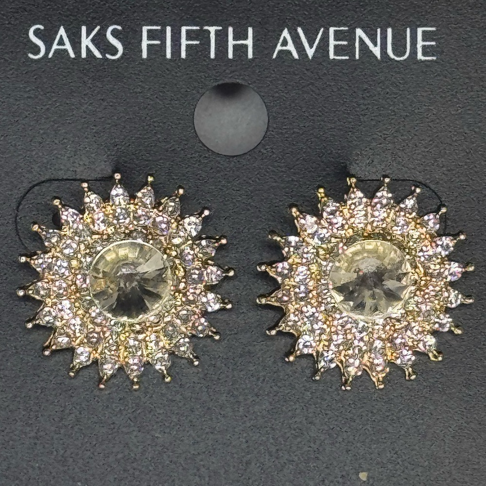 Saks Fifth Ave Gold Tone Star Burst Crystal Post Earrings .75in